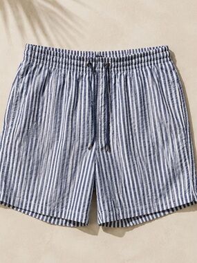 Zimmerli Swiss Seersucker Swim Trunks Blue White Stripe Drawstring Shorts XL